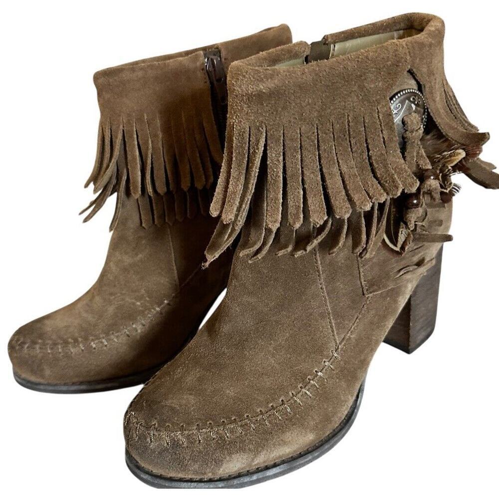 Sbicca Vintage‎ Festival Leather Brown Jessa Fringe Boots 8.5 Side Zip Western